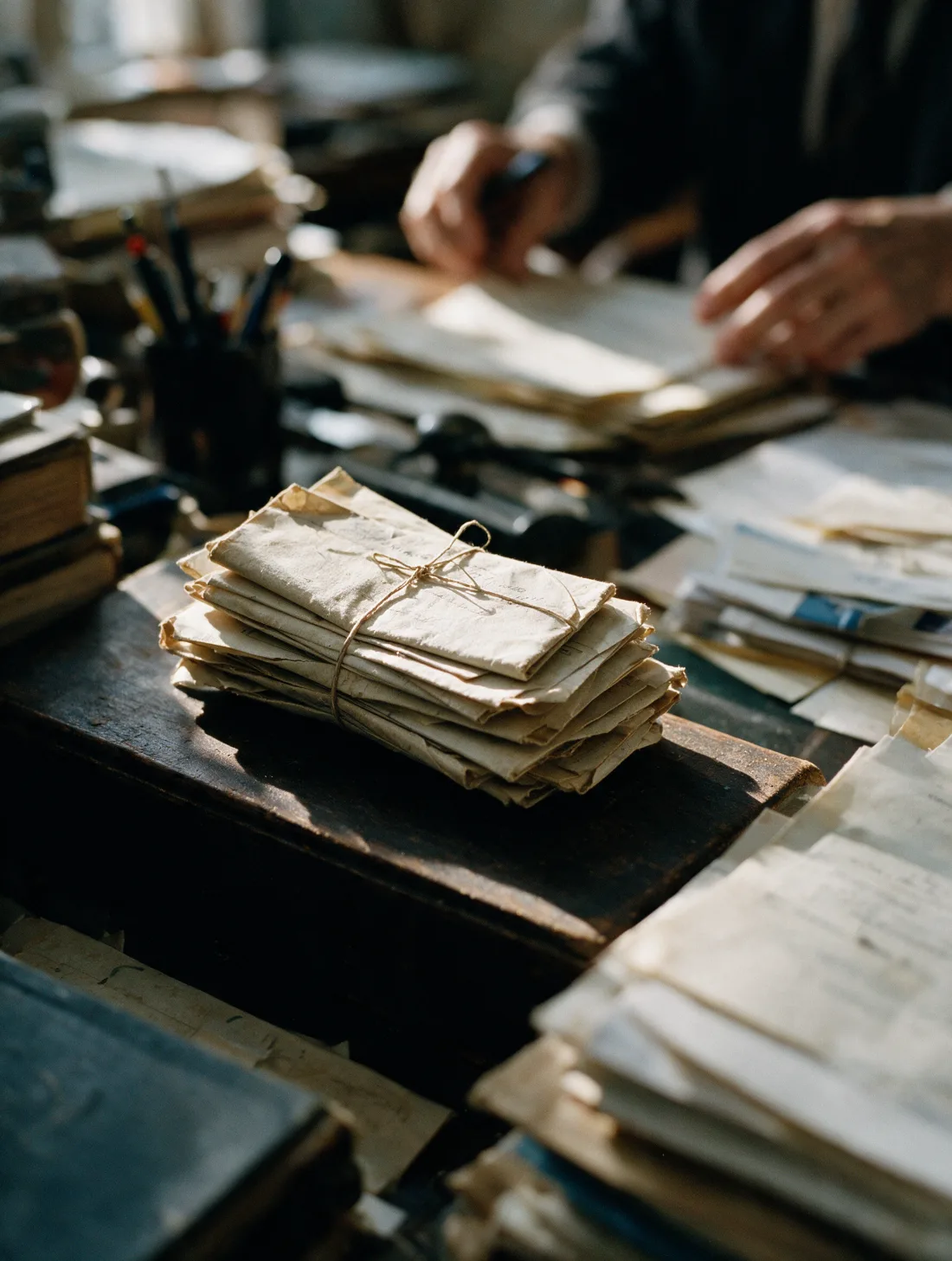 Ein Bündel alter Briefe, mit Schnur zusammengebunden, auf dunklem Holz.