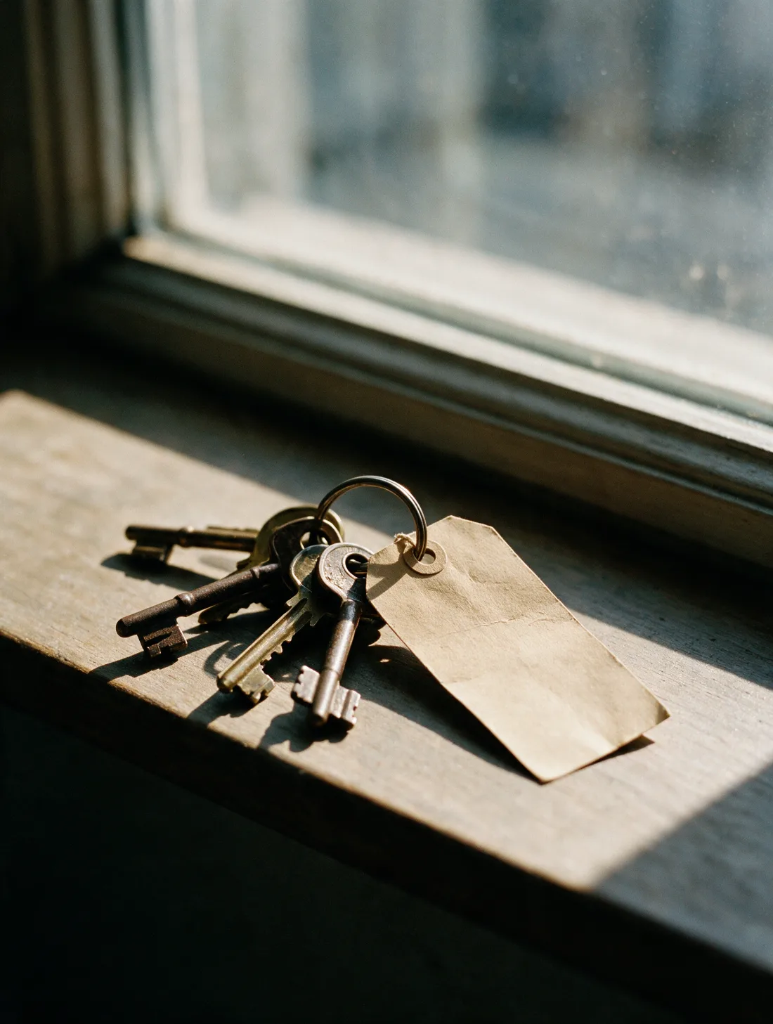 Ein Schlüsselbund mit Papieranhänger auf einer Fensterbank im Seitenlicht.